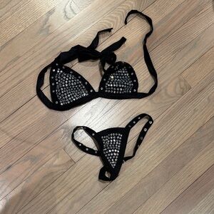 Black Rhinestone Triangle Thong Bikini Set
